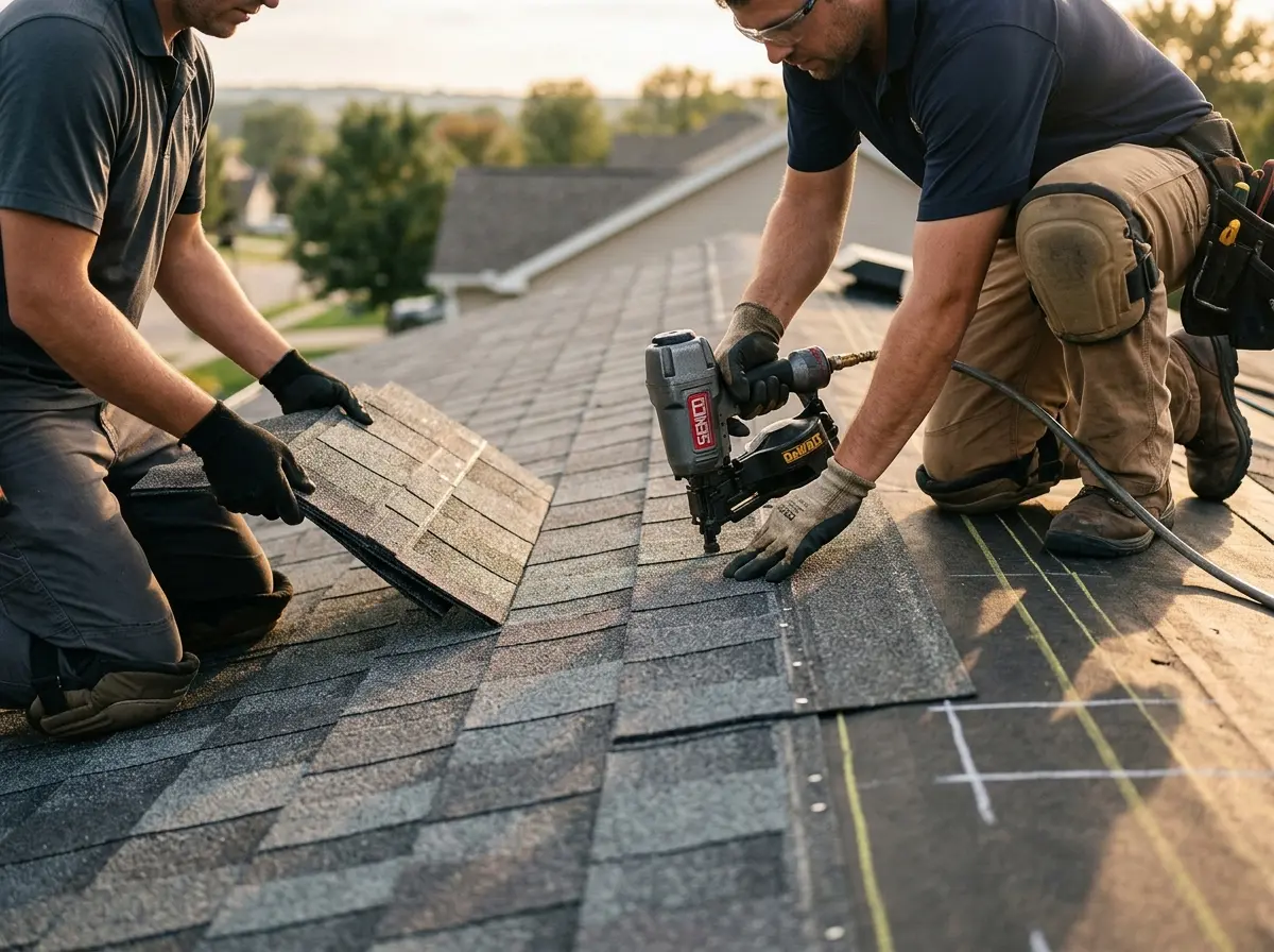 Professional roofer working on a residential roof in Donaldsonville